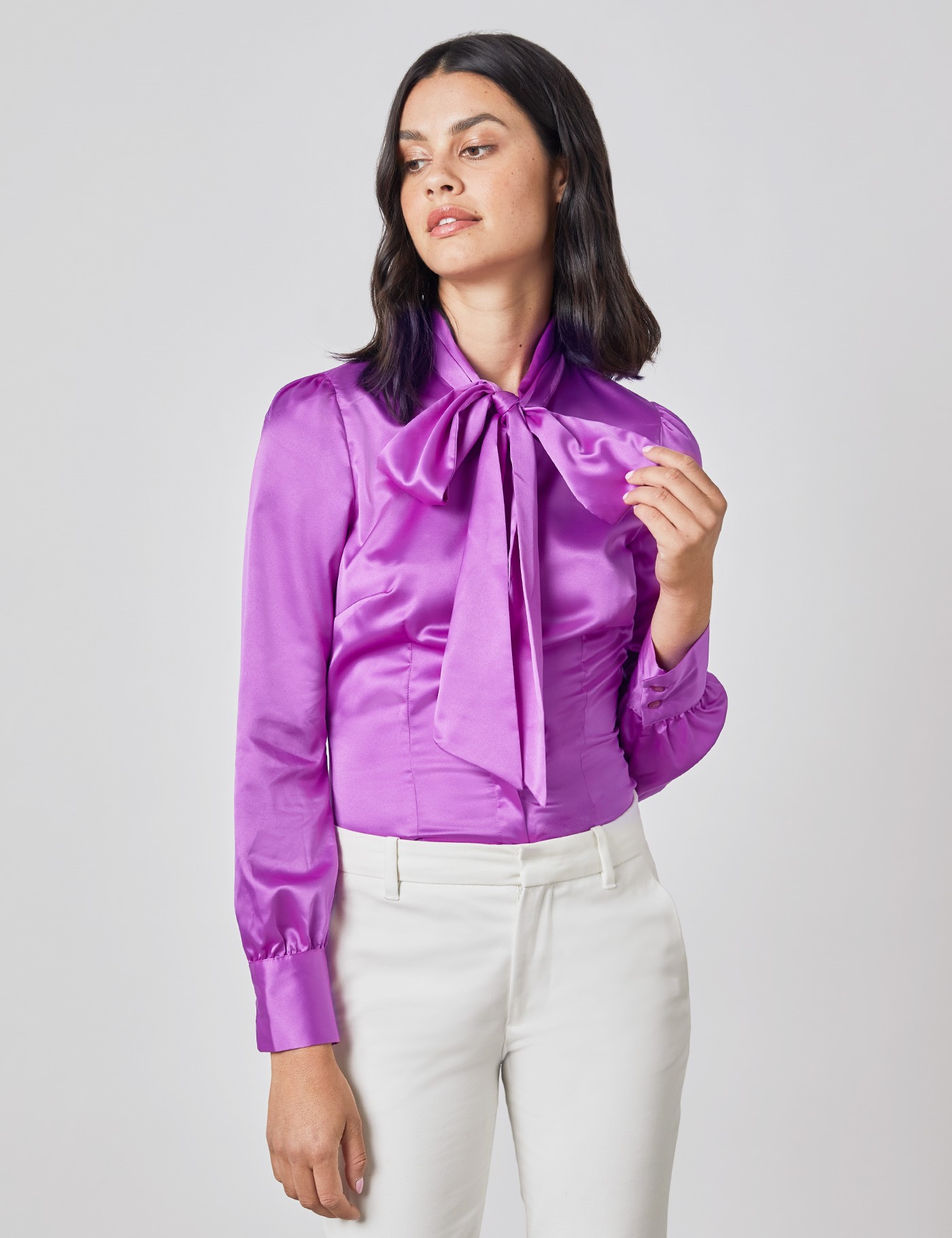 Women S Fitted Satin Blouse In Bright Purple Size 10 Single Cuff Pussy Bow Hawes