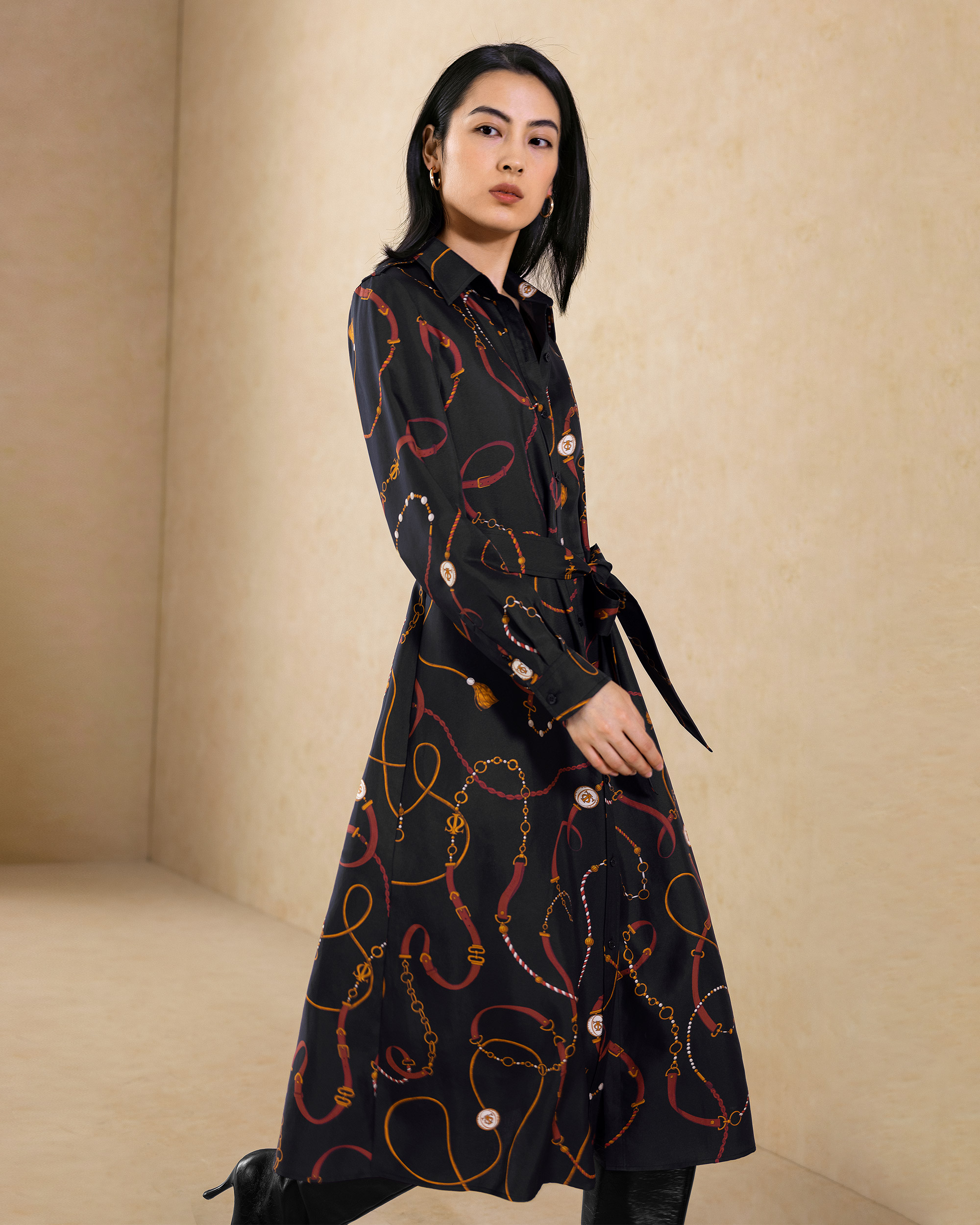 knee length dresses for ladies Button Front Silk Floral Print Dress Ladies Summer Chic Silk Dresses main image 0