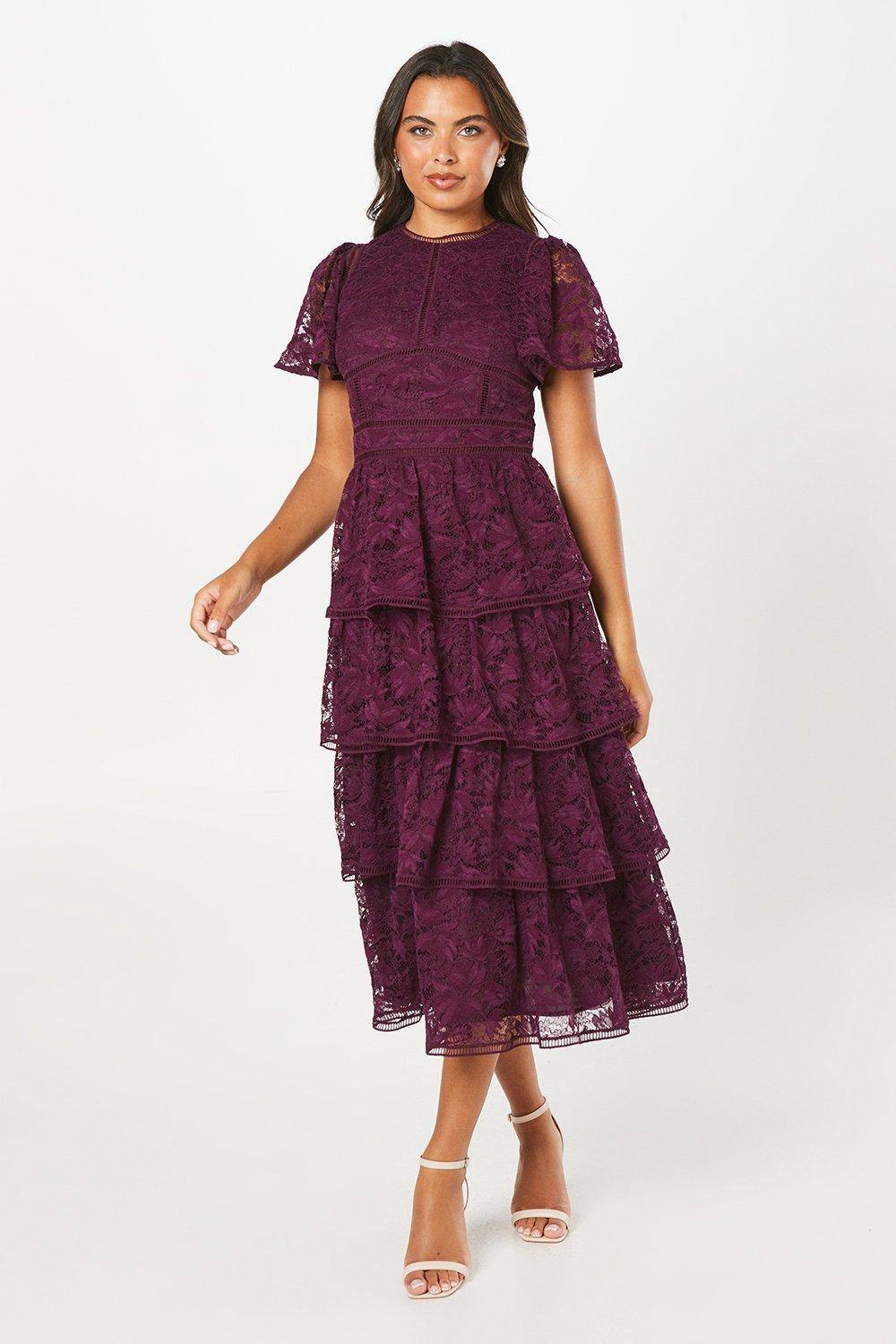 knee length dresses for ladies Purple Lace Midi Dress | Formal Lace Dress main image 1