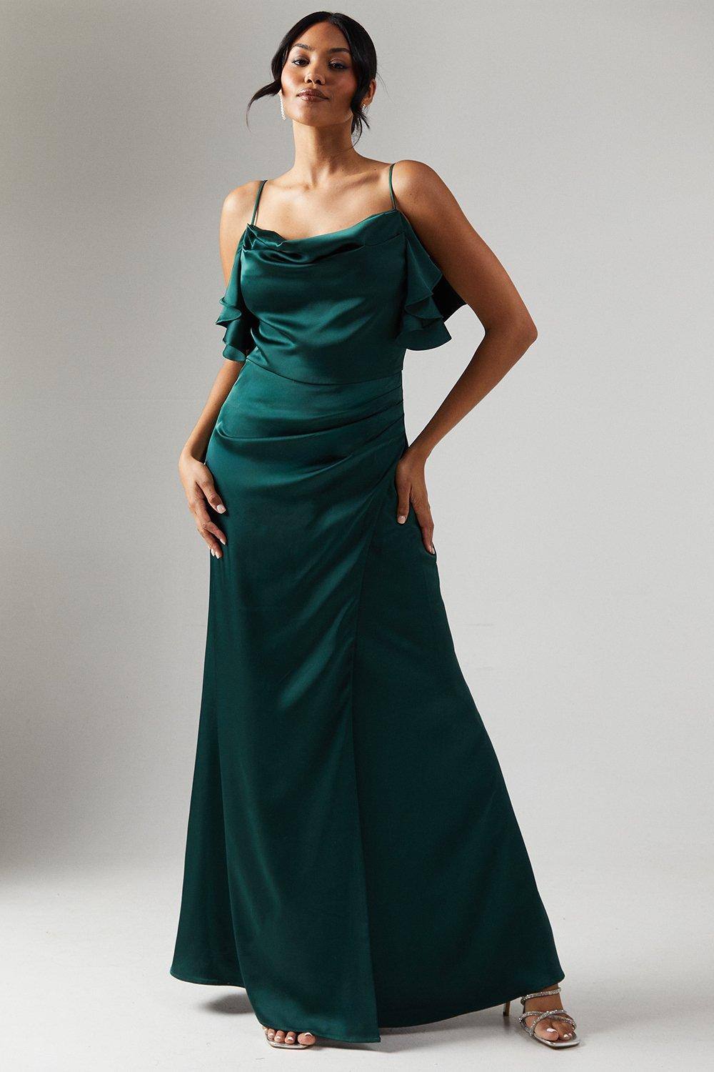 Cowl Neck Ruffle Detail Satin Bridesmaid Dress - Green - My-Boutique.co.uk
