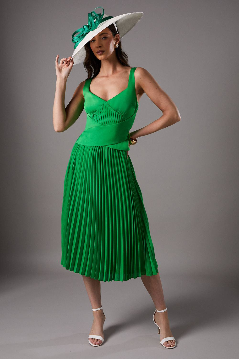 Lisa Tan Peplum Cross Detail Pleated Midi Dress - Green - My-Boutique.co.uk